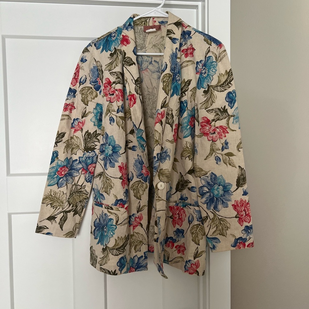 Worthington Beige Blazer with Blue and Red Floral Pattern
